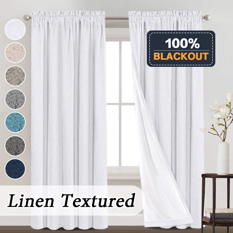 PrinceDeco 100% Blackout Linen Curtains 84 inch Long Rod Pocket Blackout Linen Curtains Panels with White Liner Energy Saving Curtains for Bedroom, Set of 2(52 x 84 Inch, Pearl White) - Image 2